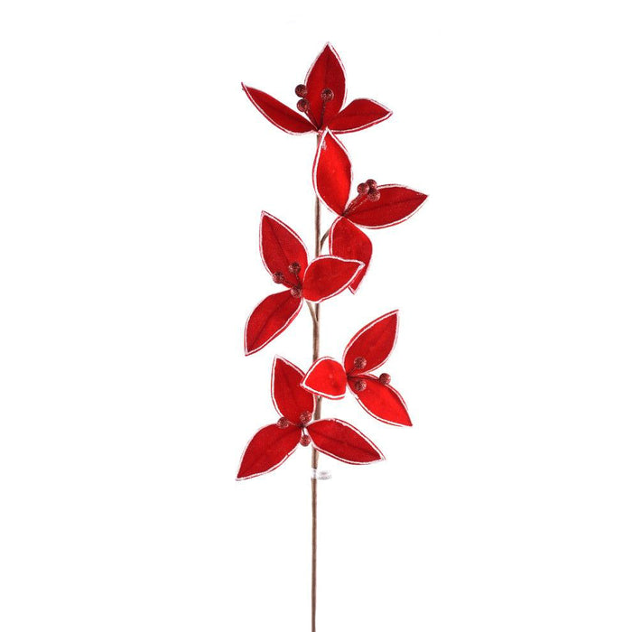 22" Velvet Glitter Holly Stem - Red