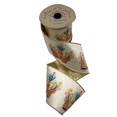 4 in Satin Regal Crown Ribbon w/Gold Back - White/Pink/Blue