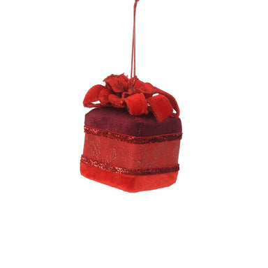 3 in Square Mixed Fabric/Styro Gift Box Ornament w/Bow & Hanger - Red/Burgundy