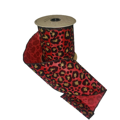 4 in Satin Gold Glitter Leopard Ribbon - Red