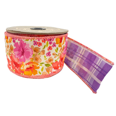 2.5" Dupion Colorful Florals Ribbon - Pink/Yellow/Purple