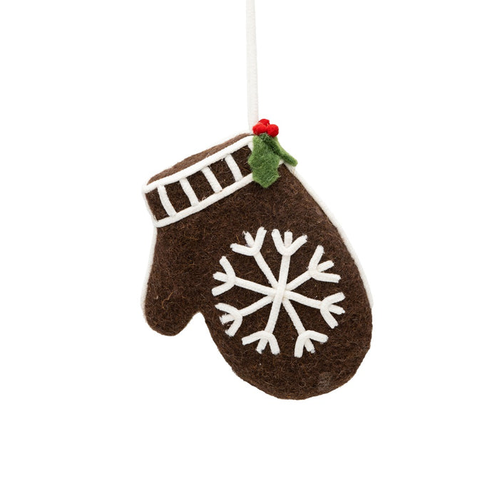 6 5/8 in Felt/Styro Gingerbread Mitten Ornament w/Hanger - Dark Brown
