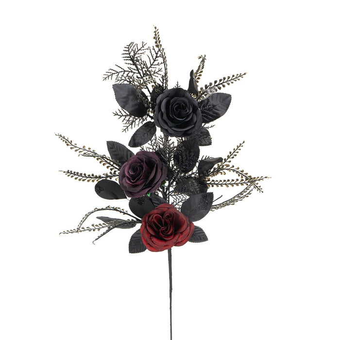 24 in Halloween Rose Spray w/Mixed Foliage - Black/Red