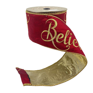 4" Faux Dupion Embroidery, Gold "Believe" Ribbon - Burgundy