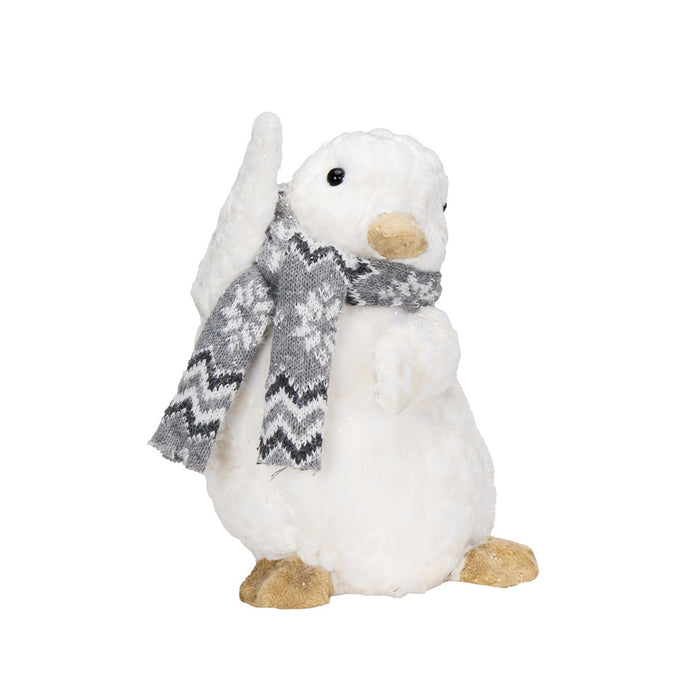 8 in Flocked Fabric/Styro Waving Penguin w/Scarf - White/Grey
