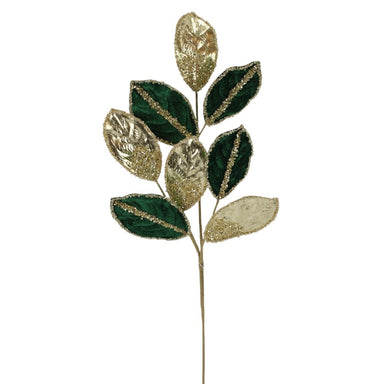 27.5 in Glitter Leaves Spray - Green/Gold