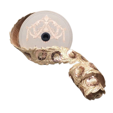 2.25 in Metallic Dupion Floral Ribbon w/Sequin Embroidery - Rose Gold