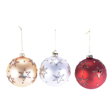 Glass Star Ball Ornament - Red/White/Gold