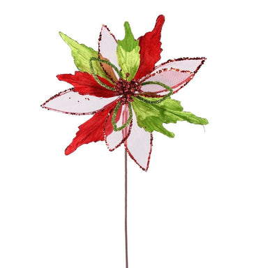 22 in Velvet Sheer Glitter Poinsettia Stem - Red/Green