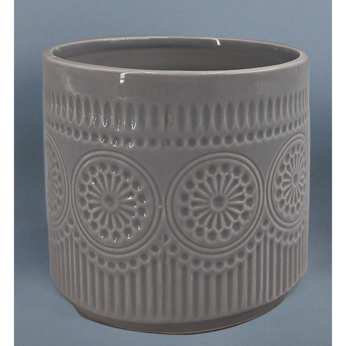 4" Round Pot w/Medallion Relief - Grey