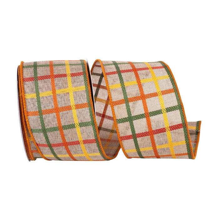 2 1/2 in Woven Plaid Craft Tonal Wired Edge Ribbon - Natural