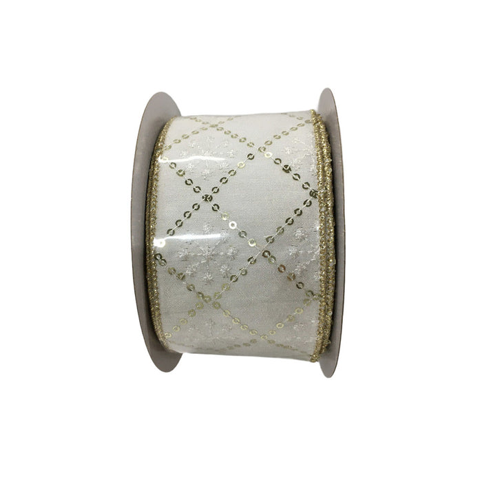2.5 in Sequin Lattice Ribbon - White/Gold