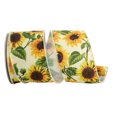 2 1/2 in Sunflowers Spray Wired Edge Ribbon - Cream