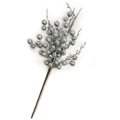 19" Beaded Glittered/Metallic Berry Twig Spray - Silver