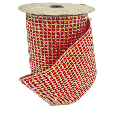 4" Taffeta Glitter Mesh Ribbon - Platinum/Red