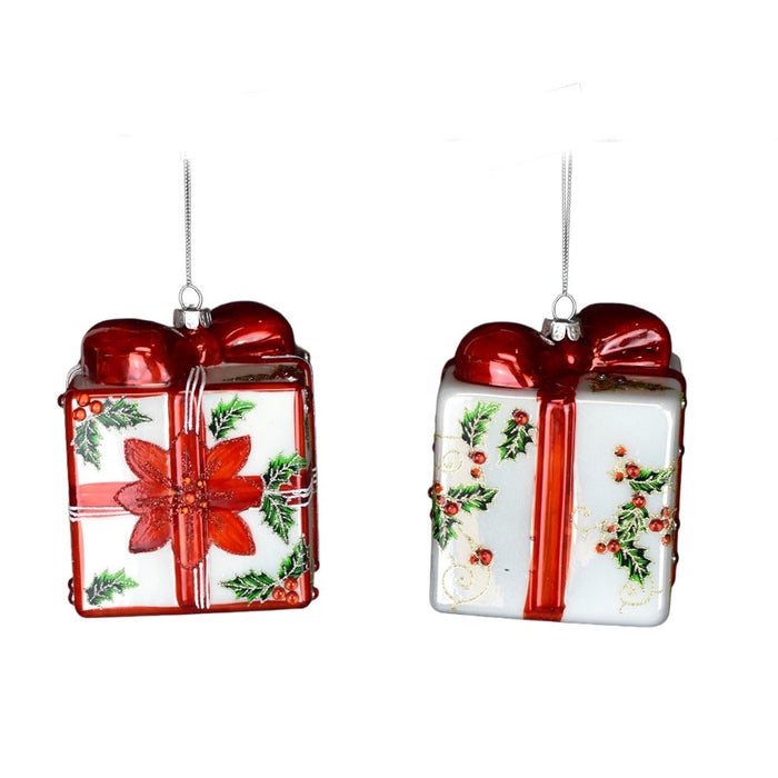 4.7" Glass Gift Box Ornament - Red/White
