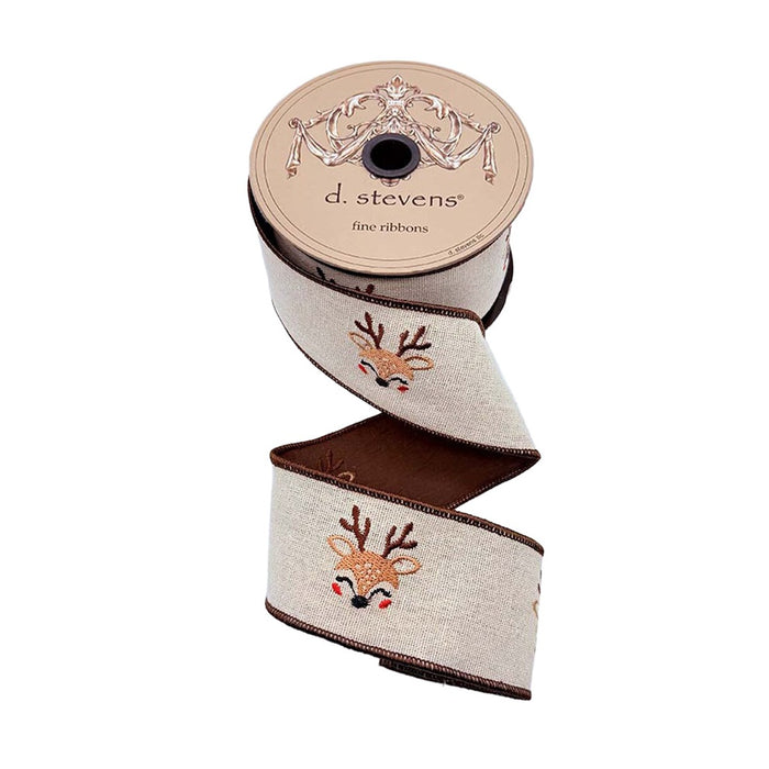 2.5 in Linen Embroidery Cheerful Deer Ribbon w/Brown Back - Natural