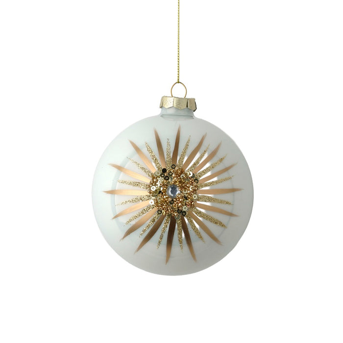4 in Glass Ball Ornament w/Sunburst & Hanger - White/Gold