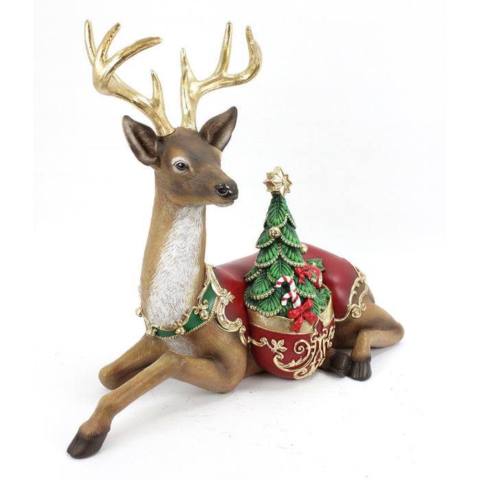 31.75 in Resin Regal Sitting Deer - Red/Green/Natural
