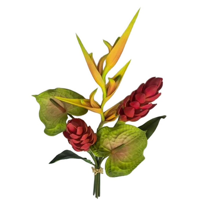 29 in Torch Ginger/Heliconia/Anthurium Bundle w/Raffia Tie - Orange/Red/Green