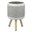 Cement Vertical Rib White Wash Round Pot w/Wood Legs