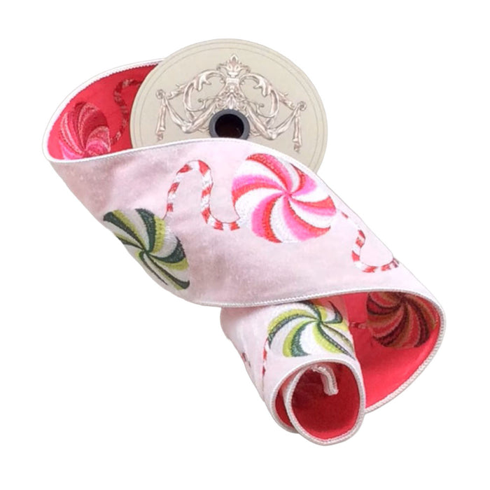 4 in Velvet Embroidery Red, Pink, & Green Candy Disk Ribbon - Winter White